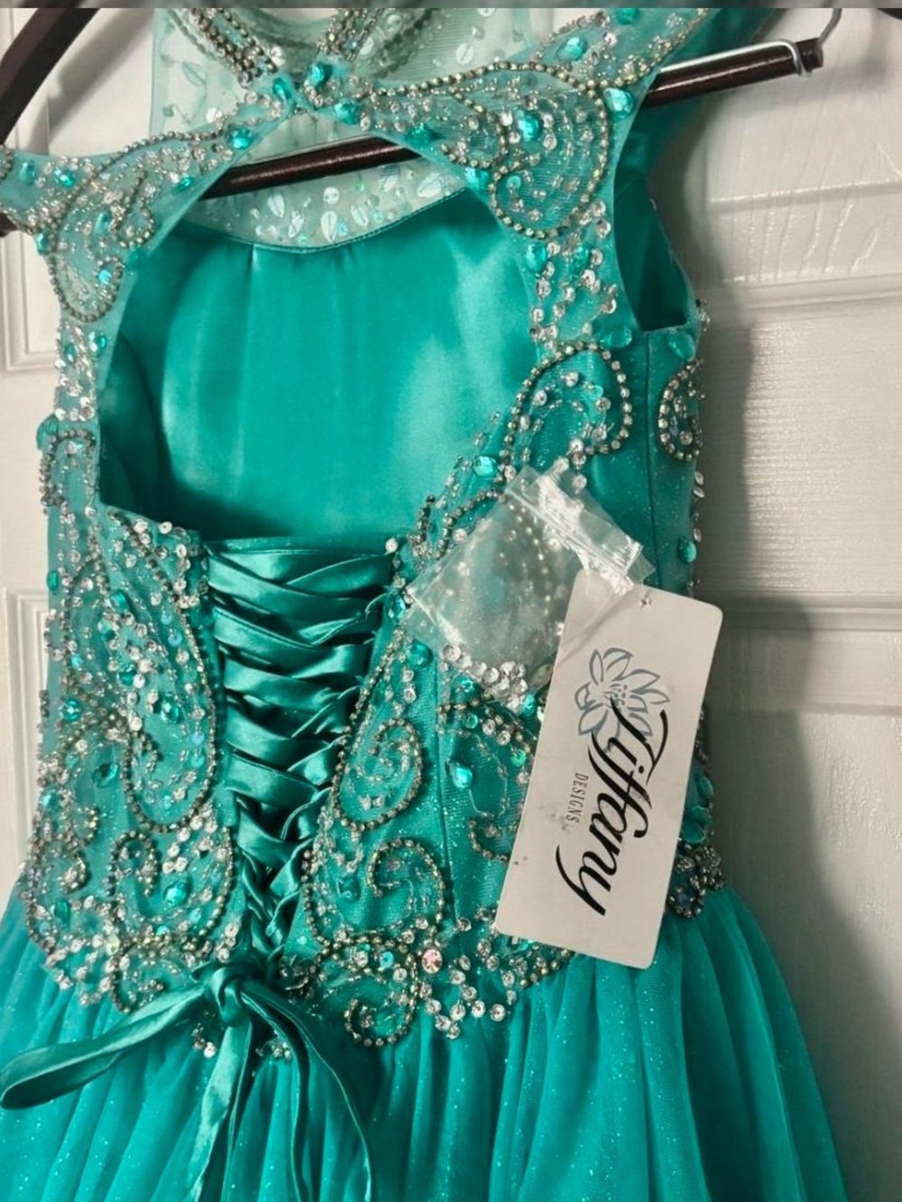 Tiffany & Co. Teal Halter Off The Shoulder Ball Gown